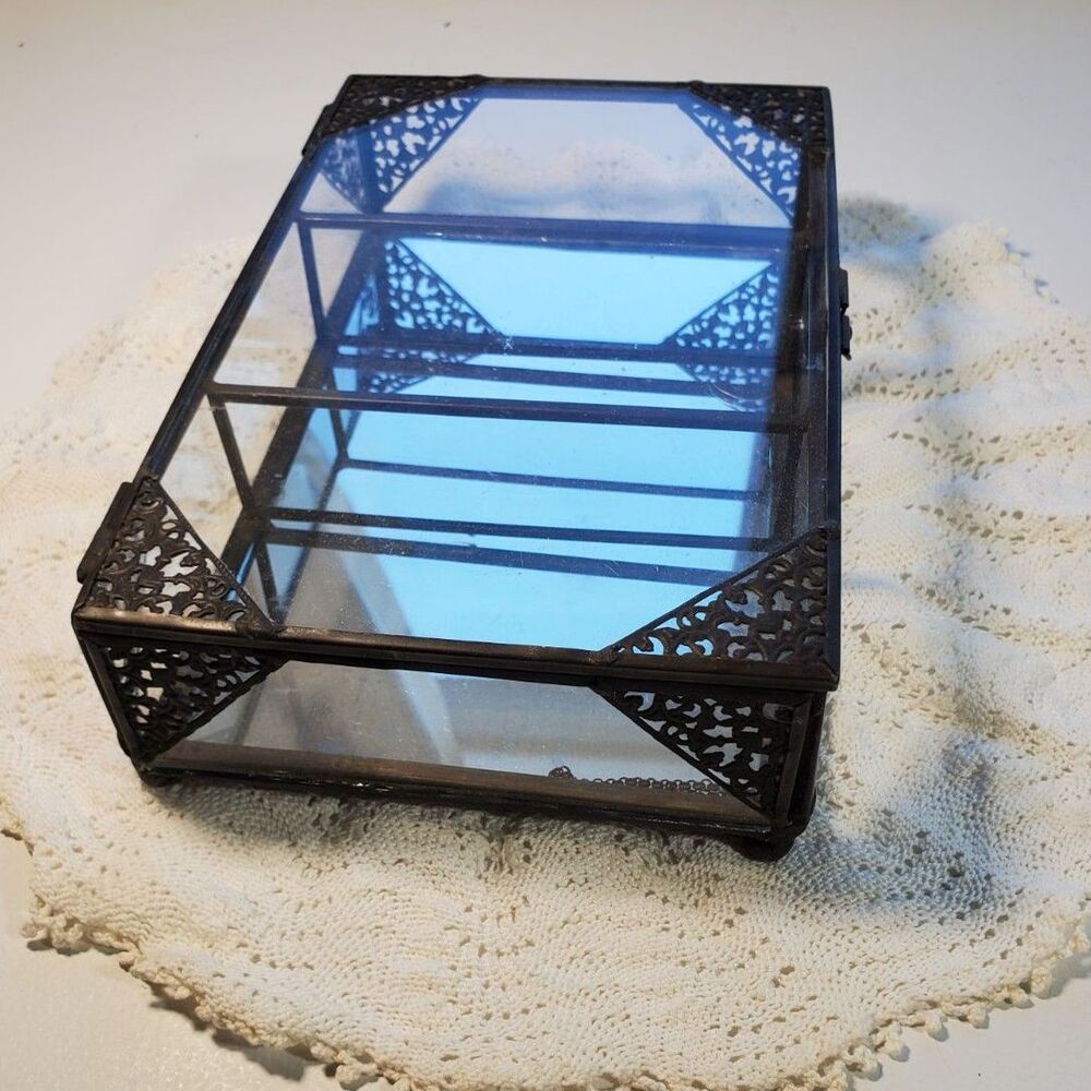 Glass and Mirror Jewelry Box with Filigree Black Corners